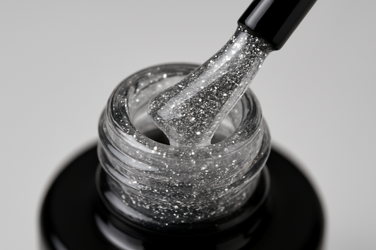 gel bottle opened, black brush is touching the bottle neck, clear gel with very fine silver glitter is on the brush